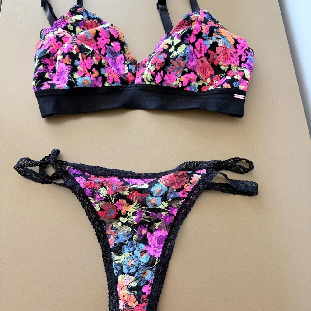 Floral Multicolor Padded Bralette with Black Trim and Panties Matching set